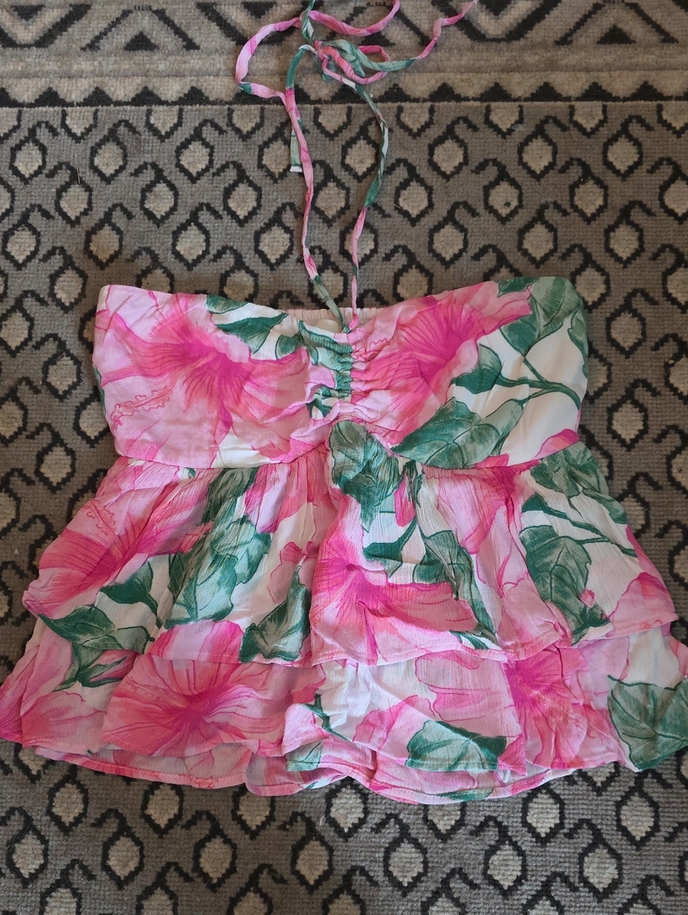 Hollister Pink & Green Floral Ruffle Tank Top